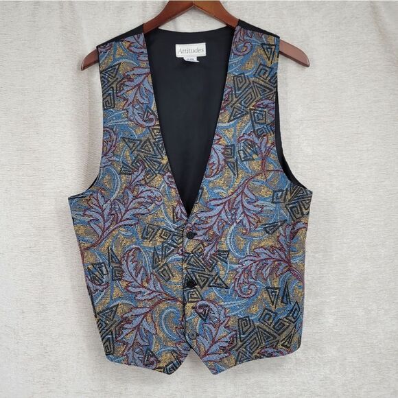 Attitudes Vintage 80s 90s Tapered Vest Unisex Blue Gold Red Black Boho Western - Picture 1 of 5